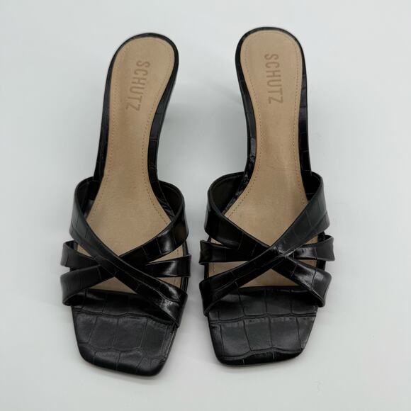 Schutz Keefa Black Croc Embossed Heeled Sandals Strappy Slip On Mules Womens 7 - Picture 3 of 14
